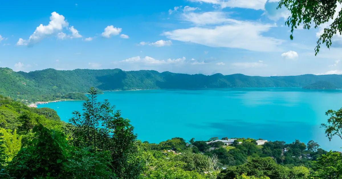 The lake Coatepeque and its surrounding mountains in El Salvador