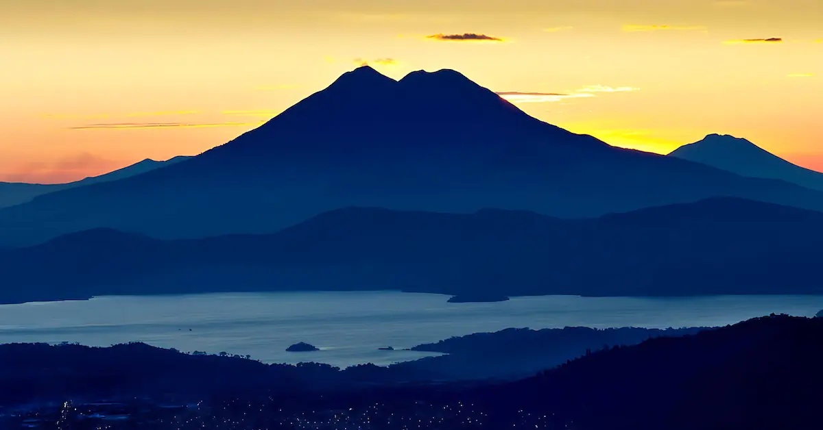 The volcano San Vicente and Lake Ilopango seeing at night from El Boqueron National Park