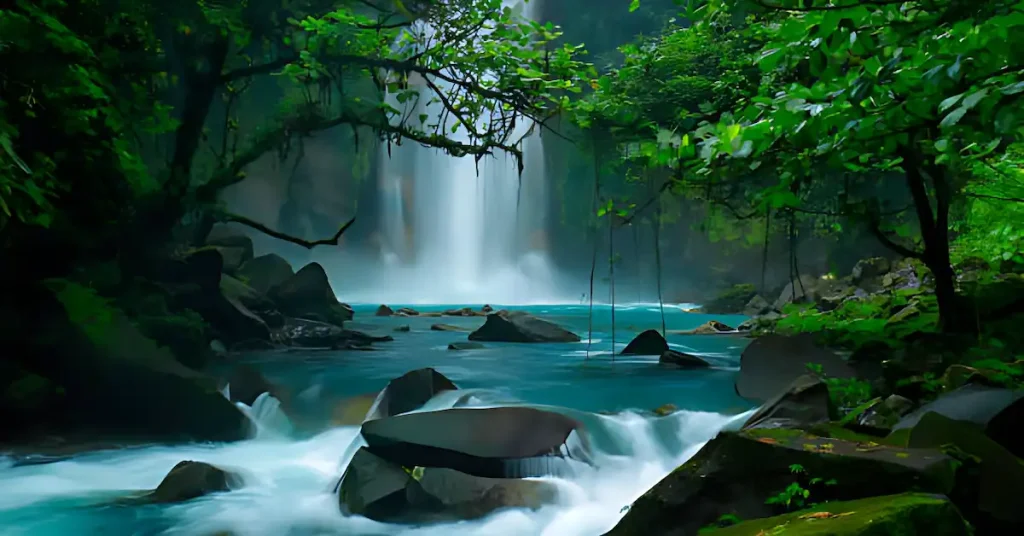 The waterfall in Rio Celeste surrounded by green tropical vegetation