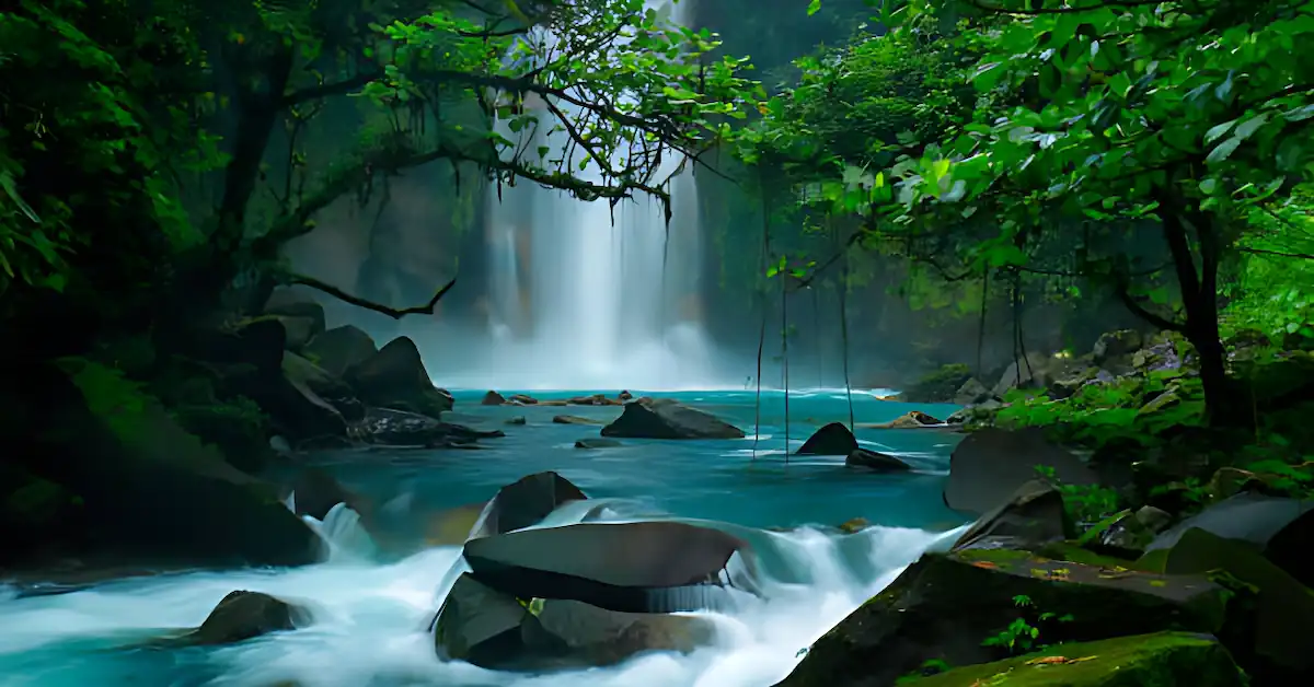 The waterfall in Rio Celeste surrounded by green tropical vegetation