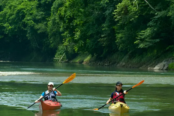 Two young travelers are kayaking in the chargers river surrounded by deep green vegetation
