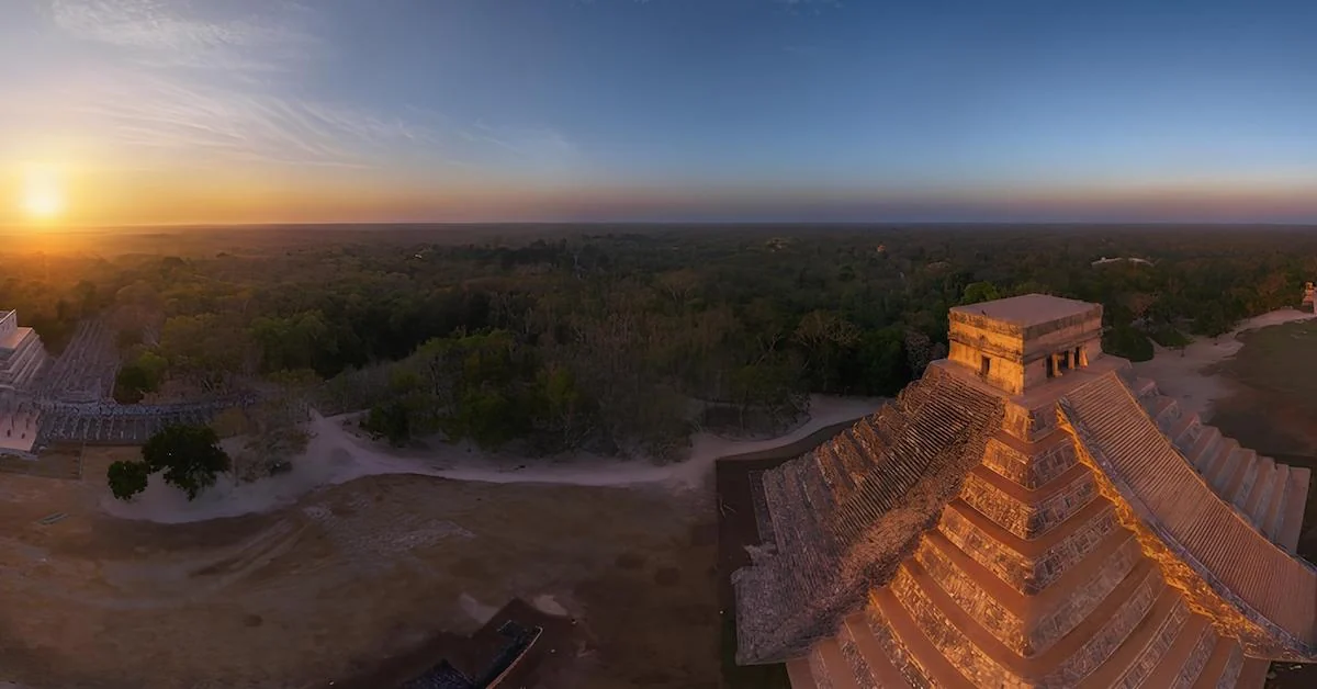 An aerial view of the pyramid El Castillo during sunset in Chichen Itza