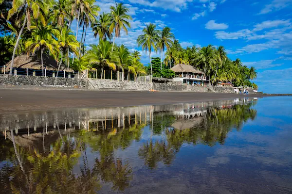 The palm trees and beach houses are reflected in the water of the black sand beach El Zonte during a blue sky day in El Salvador