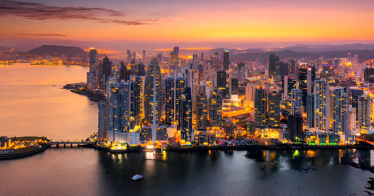 The skyline of Panama City next to the Panama Bay at dusk