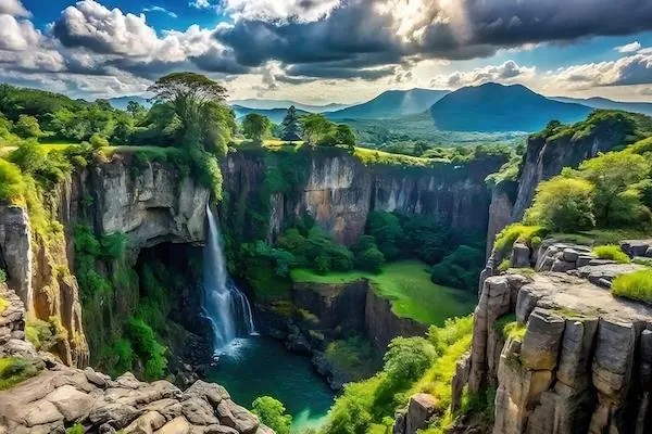 The majestic La Puerta del Diablo in El Salvador showcases awe-inspiring rock formations and spectacular views of a waterfall and surrounding mountains