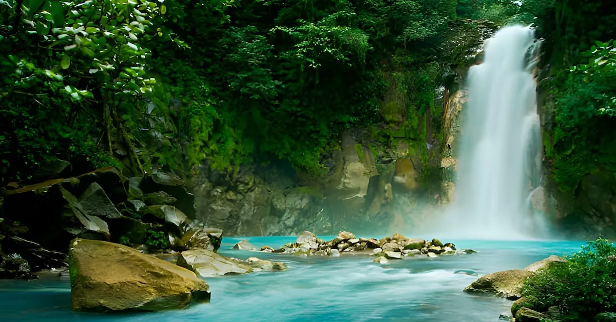 A waterfall in Rio Celeste surrounded by green vegetation