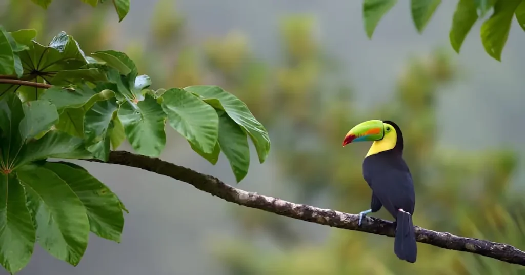 A Keel-billed Toucan is standing in a tree branch in the jungle of Costa Rica