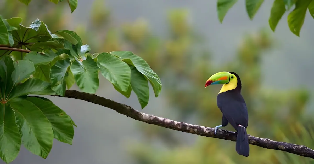 A Keel-billed Toucan is standing in a tree branch in the jungle of Costa Rica