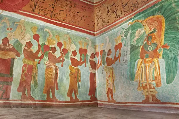 A colorful mural inside of one of the temples of the Mayan ruins of Bonampak