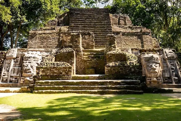 The mask temple in the ruins of Lamanai in Belize