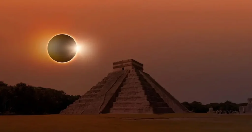 A lunar eclipse above the pyramid El Castillo in Chichen Itza