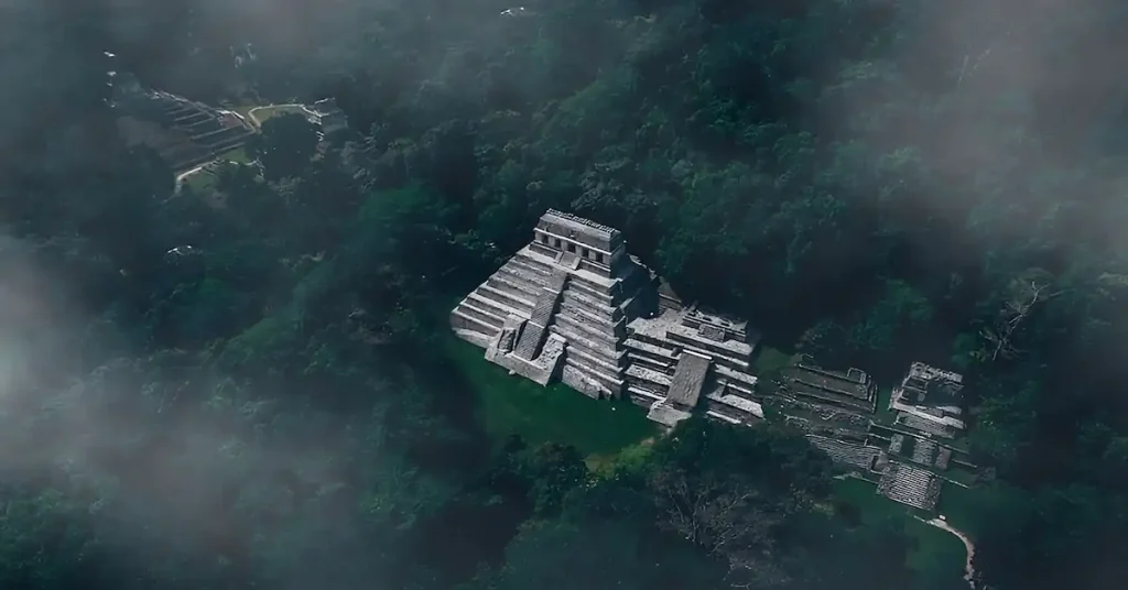 Temple of the Inscriptions in Palenque view from the air.