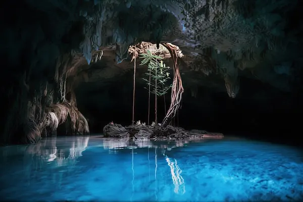 Stunning underground cave of Sac Actun cenote in Mexico, featuring crystal clear blue water and long tree roots hanging from a natural ceiling opening.