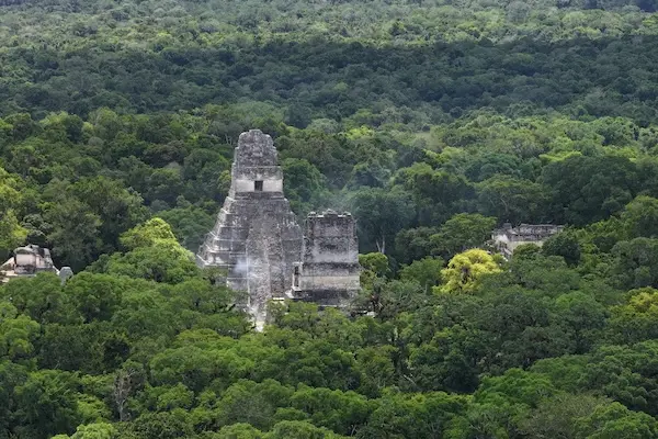 Tikal's Great Jaguar Temple and Temple of the Masks rise high above the lush Petén jungle canopy.